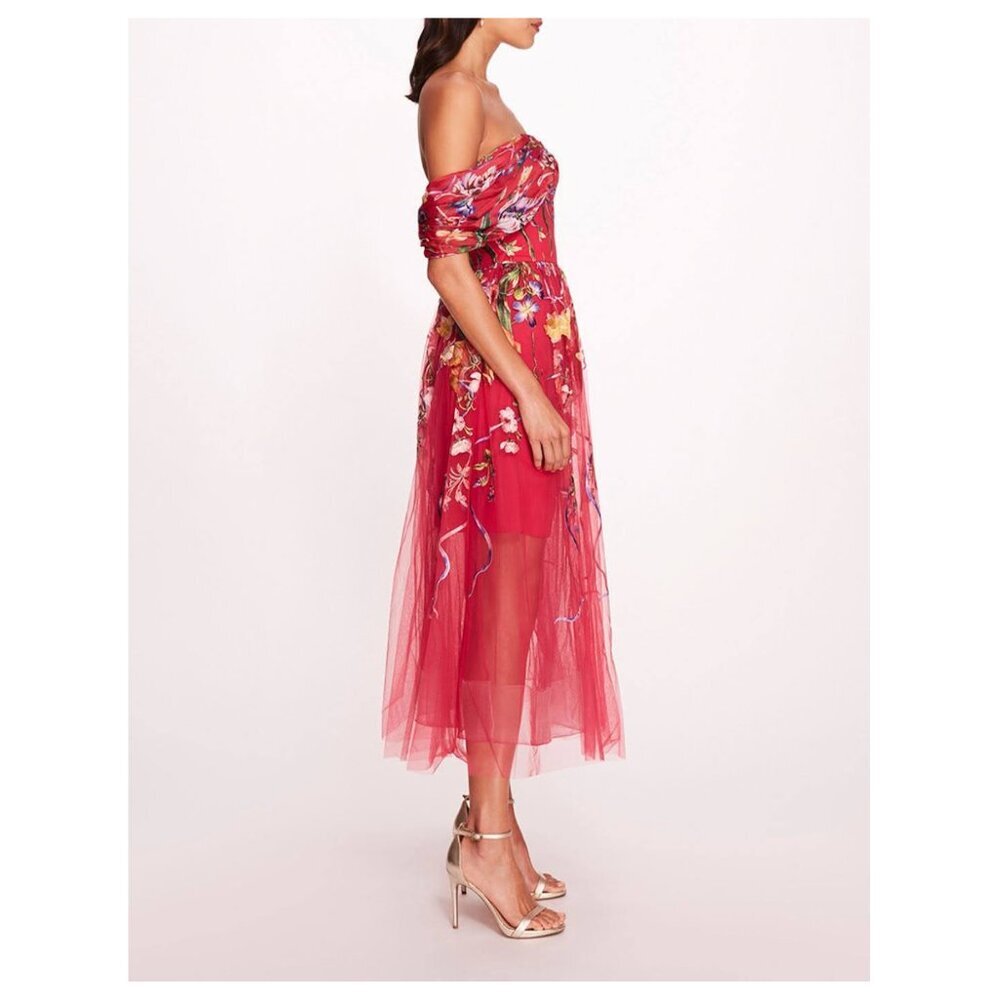 Marchesa Notte Women's Ribbons Tulle Midi Dress in Pink - Picture 2 of 12